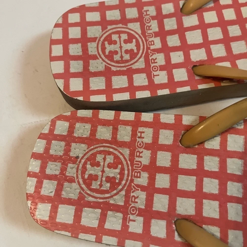 Tory Burch Retro 70's Orange-Red Mod Flip Flops Sz 7 Thong Logo